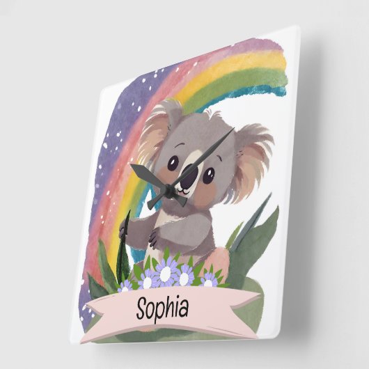 Schattigee Baby Koala Rainbow Aangepaste naam Vierkante Klok (Hoek)