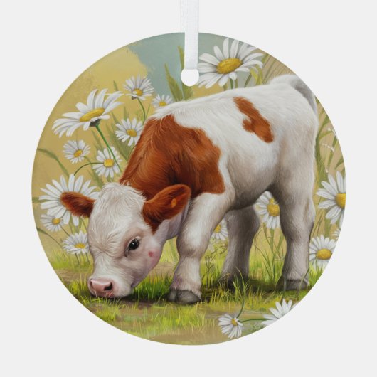 Schattigee Baby Koe, Daisies, Land, Waterverf Glas Ornament (Achterkant)