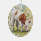 Schattigee Baby Koe, Daisies, Land, Waterverf Glas Ornament (Voorkant Rechts)