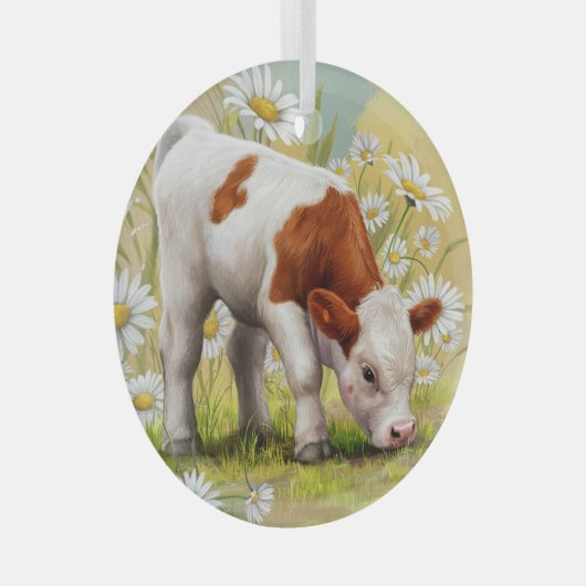 Schattigee Baby Koe, Daisies, Land, Waterverf Glas Ornament (Voorkant Rechts)