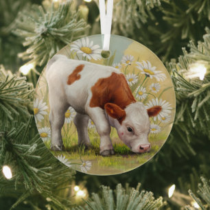 Schattigee Baby Koe, Daisies, Land, Waterverf Glas Ornament