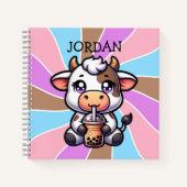 Schattigee Baby Koe Drink Boba Kawaii Cartoon Notitieboek (Voorkant)