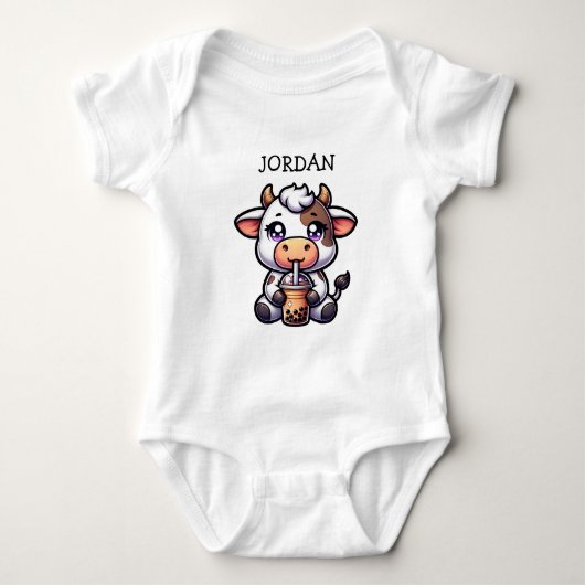Schattigee Baby Koe Drink Boba Kawaii Cartoon Romper (Voorkant)
