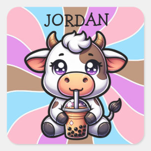 Schattigee Baby Koe Drink Boba Kawaii Cartoon Vierkante Sticker