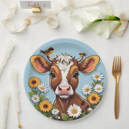 Schattigee Baby Koe en vogels met bloemen Papieren Bordje