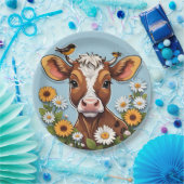 Schattigee Baby Koe en vogels met bloemen Papieren Bordje (Feest)