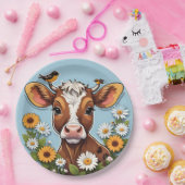 Schattigee Baby Koe en vogels met bloemen Papieren Bordje (Feest)