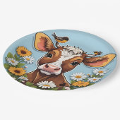 Schattigee Baby Koe en vogels met bloemen Papieren Bordje (Gekanteld)