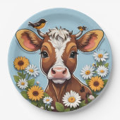 Schattigee Baby Koe en vogels met bloemen Papieren Bordje (Voorkant)