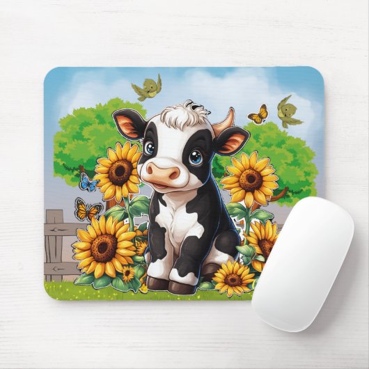 Schattigee Baby Koe en Zonnebloemen Custom Mousepa Muismat (Met muis)