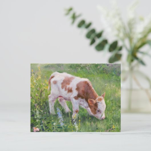Schattigee Baby Koe in Bloemenveld, Claude Monet S Briefkaart (Staand voorkant)