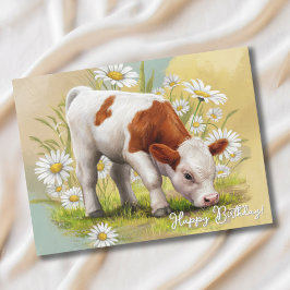 Schattigee Baby Koe in Daisy Field, Verjaardag op  Briefkaart