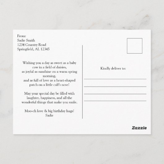 Schattigee Baby Koe in Daisy Field, Verjaardag op Briefkaart (Achterkant)