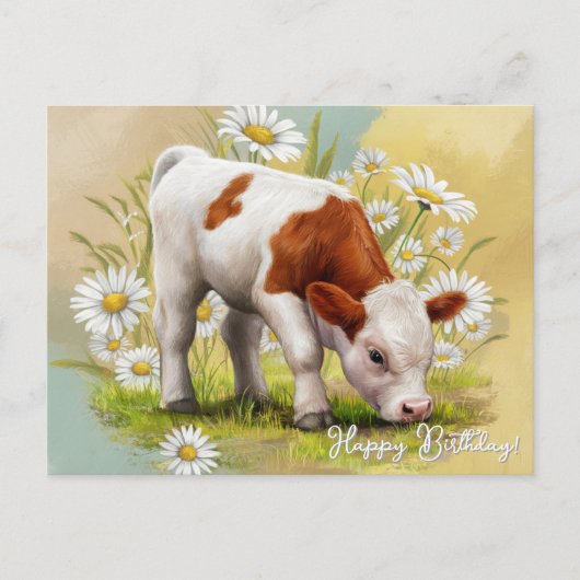 Schattigee Baby Koe in Daisy Field, Verjaardag op  Briefkaart (Voorkant)