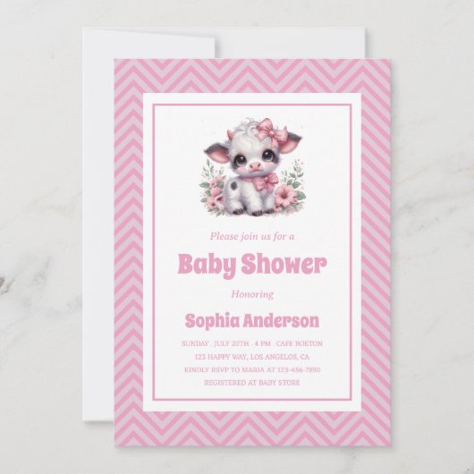 Schattigee Baby Koe Meisje Baby shower - Roze Bloe Kaart (Voorkant)