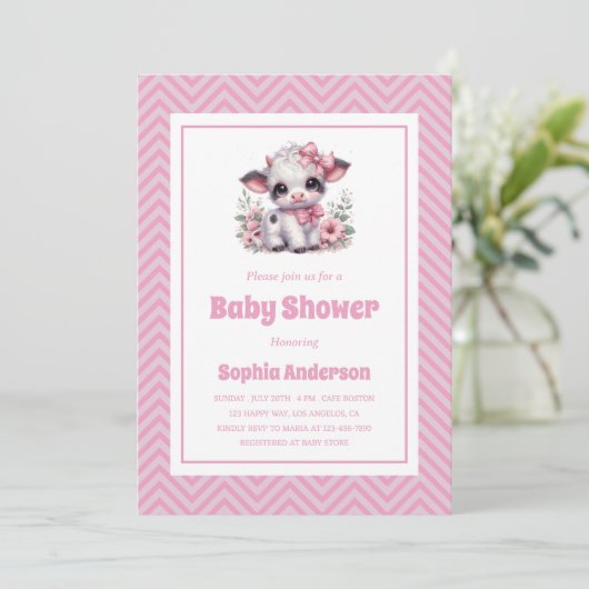 Schattigee Baby Koe Meisje Baby shower - Roze Bloe Kaart (Staand voorkant)