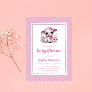 Schattigee Baby Koe Meisje Baby shower - Roze Bloe Kaart