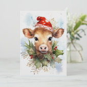 Schattigee Baby Koe Winter Kerstmis Waterverf Kaart (Staand voorkant)
