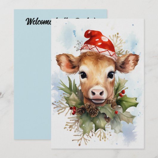 Schattigee Baby Koe Winter Kerstmis Waterverf Kaart (Voorkant / Achterkant)