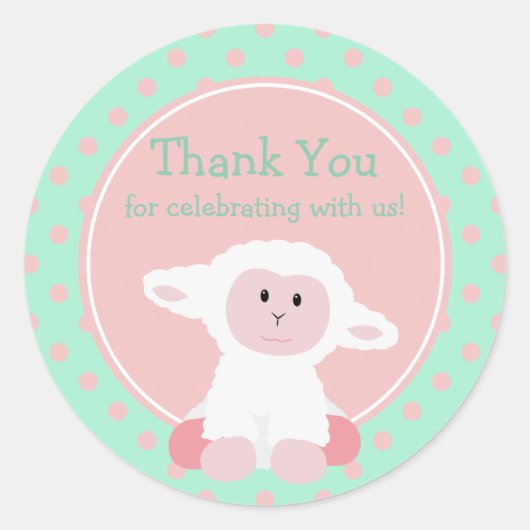 Schattigee Baby Lamb en Polka Dots Dank u Ronde Sticker (Voorkant)