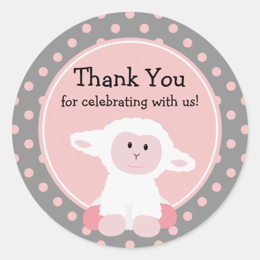 Schattigee Baby Lamb en Polka Dots Dank u Ronde Sticker (Voorkant)