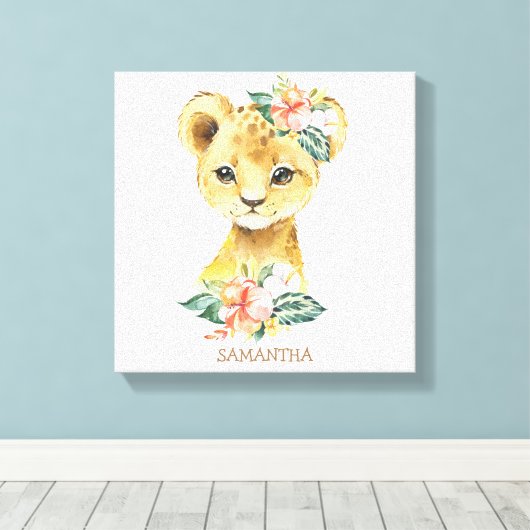 Schattigee baby leeuw met tropische bloemen gepers canvas afdruk (Insitu (Houten vloer))