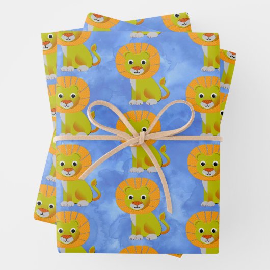 Schattigee Baby Lion Over Print Patroon Blauw Inpakpapier Vel (In situ)