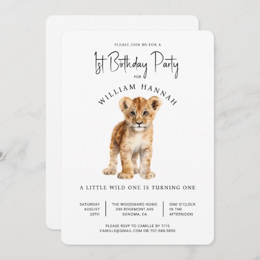 Schattigee Baby Lion Wild One 1st verjaardagsfeest Kaart (Voorkant / Achterkant)