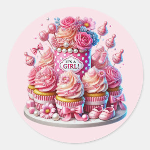 Schattigee baby meisje douche cupcake ronde sticker