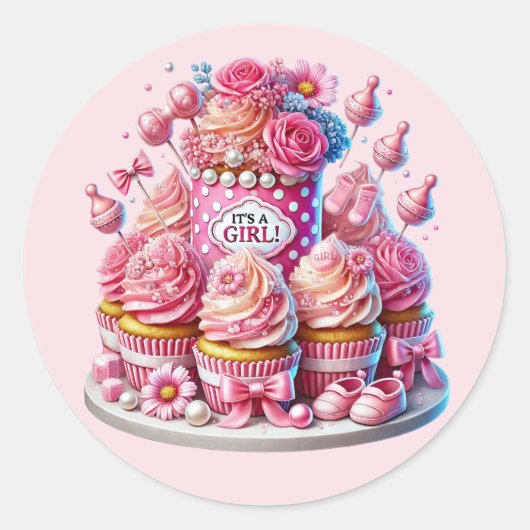 Schattigee baby meisje douche cupcake ronde sticker (Voorkant)
