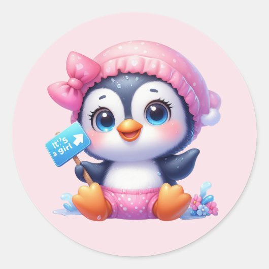 Schattigee baby meisje pinguïn ronde sticker (Voorkant)