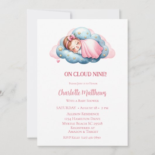 Schattigee Baby Meisje Wolk Negen 9 Baby shower Kaart (Voorkant)