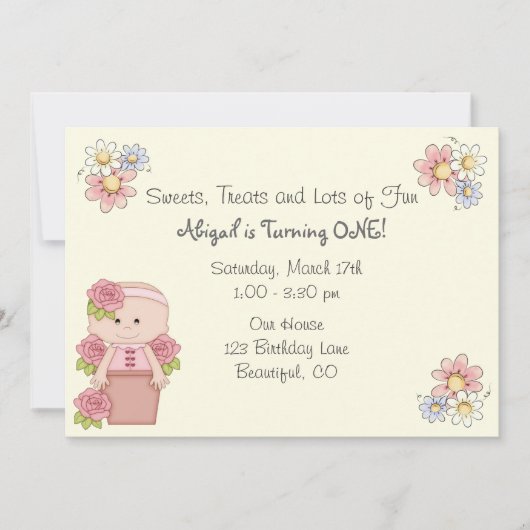 Schattigee Baby met Rozen in Bloempot 1e Verjaarda Kaart (Voorkant)