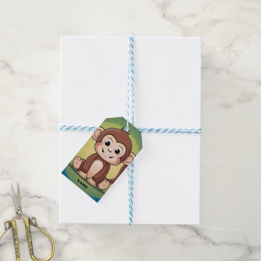 Schattigee baby Monkey met grote glimlach groene a Cadeaulabel (Met Touw)