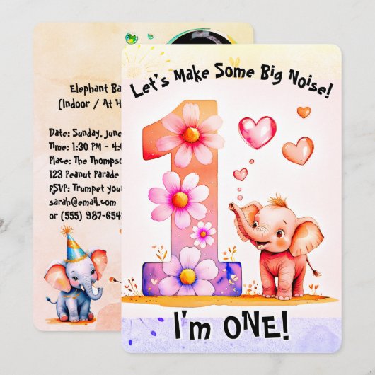 Schattigee Baby olifant 1e verjaardag bloemenharte Kaart (Voorkant / Achterkant)