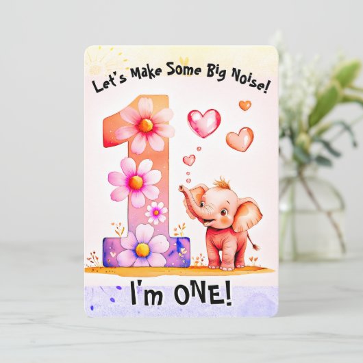Schattigee Baby olifant 1e verjaardag bloemenharte Kaart (Staand voorkant)