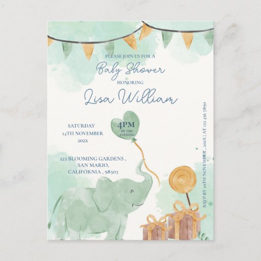 Schattigee Baby Olifant Balloon Baby shower Invita Briefkaart (Voorkant)