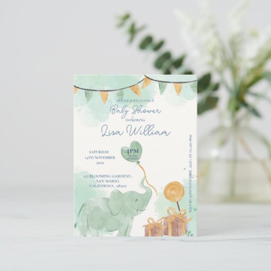 Schattigee Baby Olifant Balloon Baby shower Invita Briefkaart (Staand voorkant)