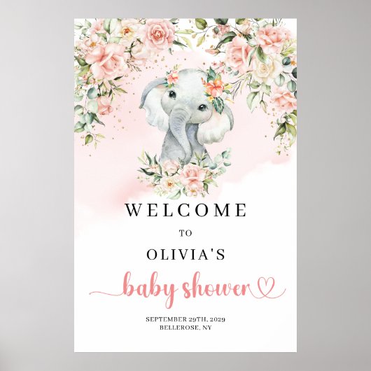 Schattigee baby olifant blush gouden Baby shower W Poster (Voorkant)