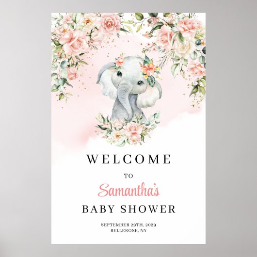 Schattigee baby olifant blush Meisje Baby shower W Poster (Voorkant)