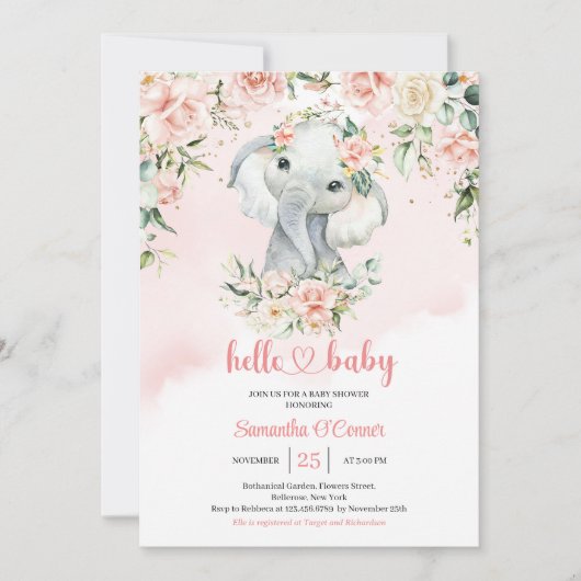Schattigee baby olifant blush roze bloemen gouden  kaart (Voorkant)