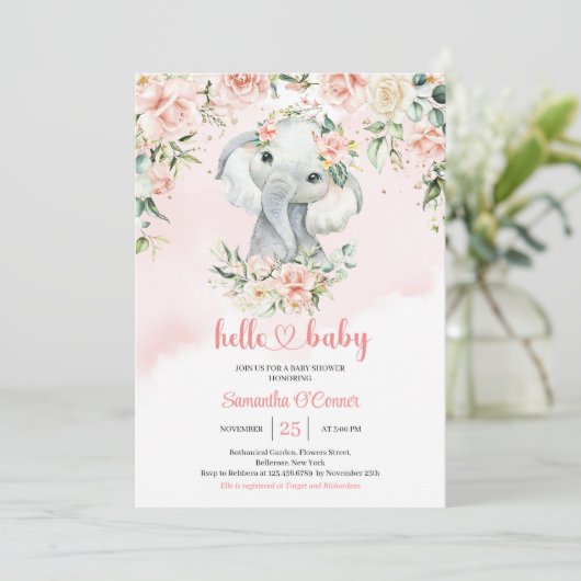 Schattigee baby olifant blush roze bloemen gouden  kaart (Staand voorkant)
