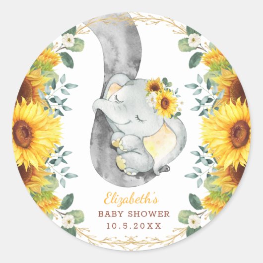 Schattigee Baby Olifant & Boho rustieke zonnebloem Ronde Sticker (Voorkant)