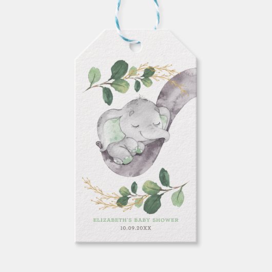 Schattigee Baby Olifant Groen Gouden Tuindouche Cadeaulabel (Voorkant)