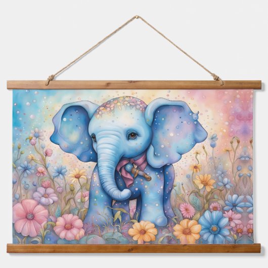 Schattigee Baby Olifant in een pastelmadeliefje Hangend Wandkleed (Voorkant)