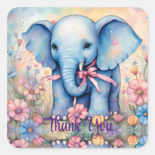 Schattigee Baby Olifant in een pasteltuin DANK U Vierkante Sticker