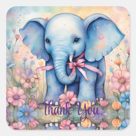 Schattigee Baby Olifant in een pasteltuin DANK U Vierkante Sticker (Voorkant)