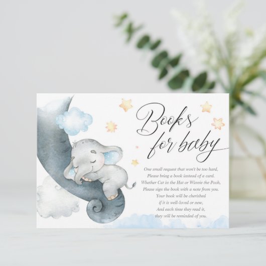 Schattigee baby olifant jongen baby shower boeken  informatiekaartje (Staand voorkant)