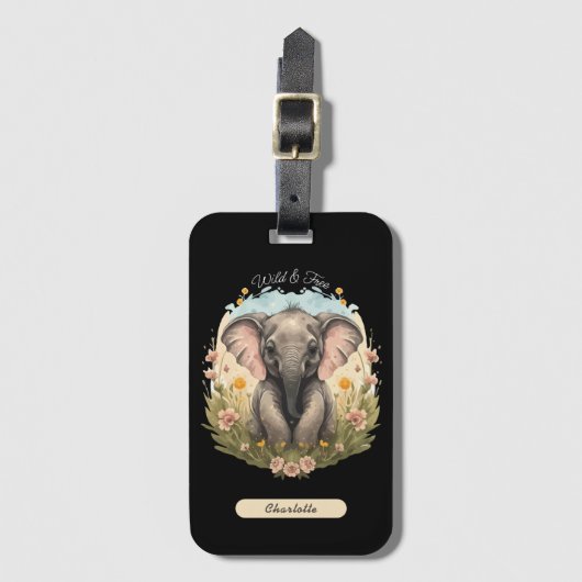 Schattigee Baby Olifant Kalf Wildflower Wanderlust Bagagelabel (Voorkant (verticaal))