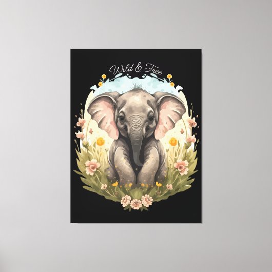 Schattigee Baby Olifant Kalf Wildflower Wanderlust Canvas Afdruk (Voorkant)